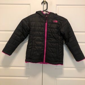 Kids North Face parka. Black + pink. Size 7.